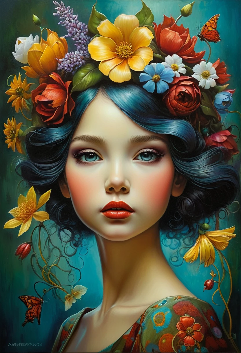 foto de uma garota com flores no cabelo, inspirado em James S.. Christensen, Benjamim Lacombe, hiperrealista moderno, Heather Theurer, menina com cara de flor, Annie Stegg Gerard, Adrian Borda, adi granov, menina com cabeça de flor, baseado em Victor Nizovtsev, inspirado em James Christensen, Karol atrás de uhd