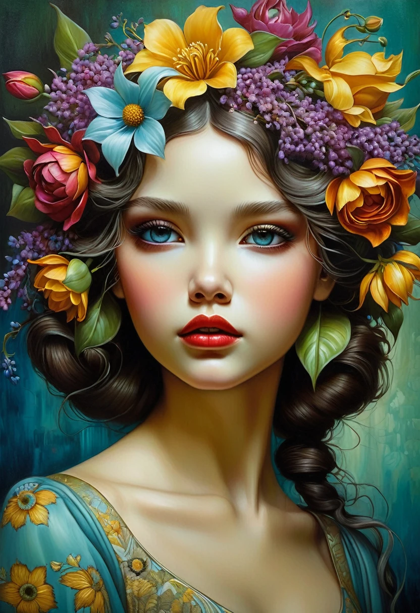 foto de uma garota com flores no cabelo, inspirado em James S.. Christensen, Benjamim Lacombe, hiperrealista moderno, Heather Theurer, menina com cara de flor, Annie Stegg Gerard, Adrian Borda, adi granov, menina com cabeça de flor, baseado em Victor Nizovtsev, inspirado em James Christensen, Karol atrás de uhd