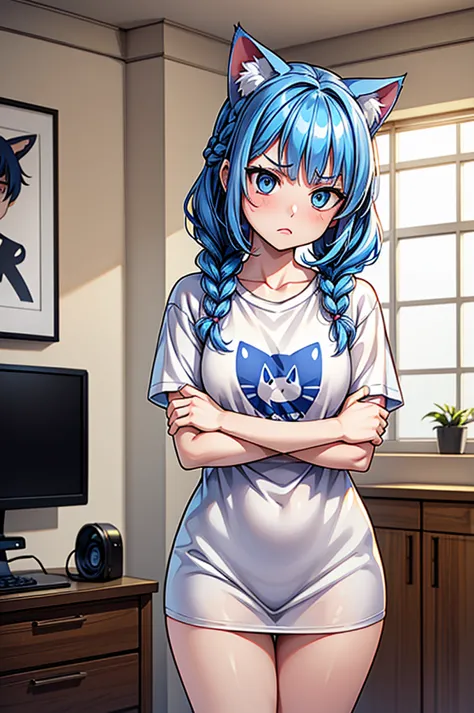 1 female, small kid cat girl, realistic lips oversized white t-shirt going all the way to the thighs, arms crossed under breast,...