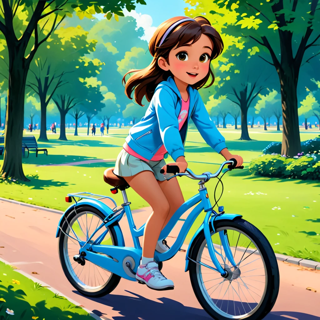 a cute 10 years old girl is riding a bike in a park, highres, high quality, masterpiece, amazing, beautiful, breathtaking, astonishing, brilliant, incredible,