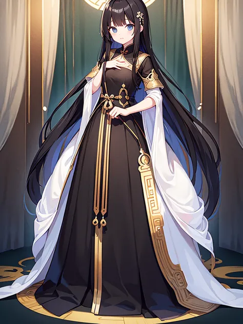 Full-body portrait、Are standing、Black Hair、Messy hair、Very long hair、Long Hair、A revealing black Chinese curtain dress