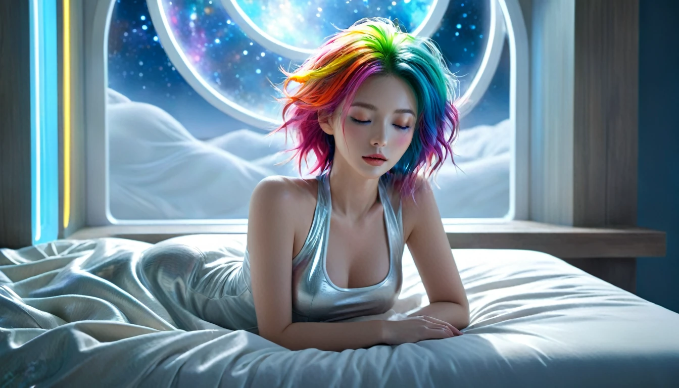 (best quality,8K,Extremely detailed:1.2),(CG,CG art,3d rendering),(masterpiece:1.2),（Crawl on the table），（Sexy clothing），(light,Futuristic),(Woman lying in bed,Sleep,Close your eyes),(There is a big window behind her,silent Night),(Colorful hair:1.5)