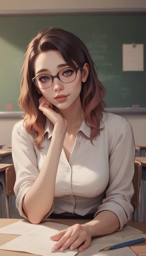 (fraction_9, fraction_8_direction_7_up), detailed, realistic  professional woman looks up from her papers at the viewer, gentle,...