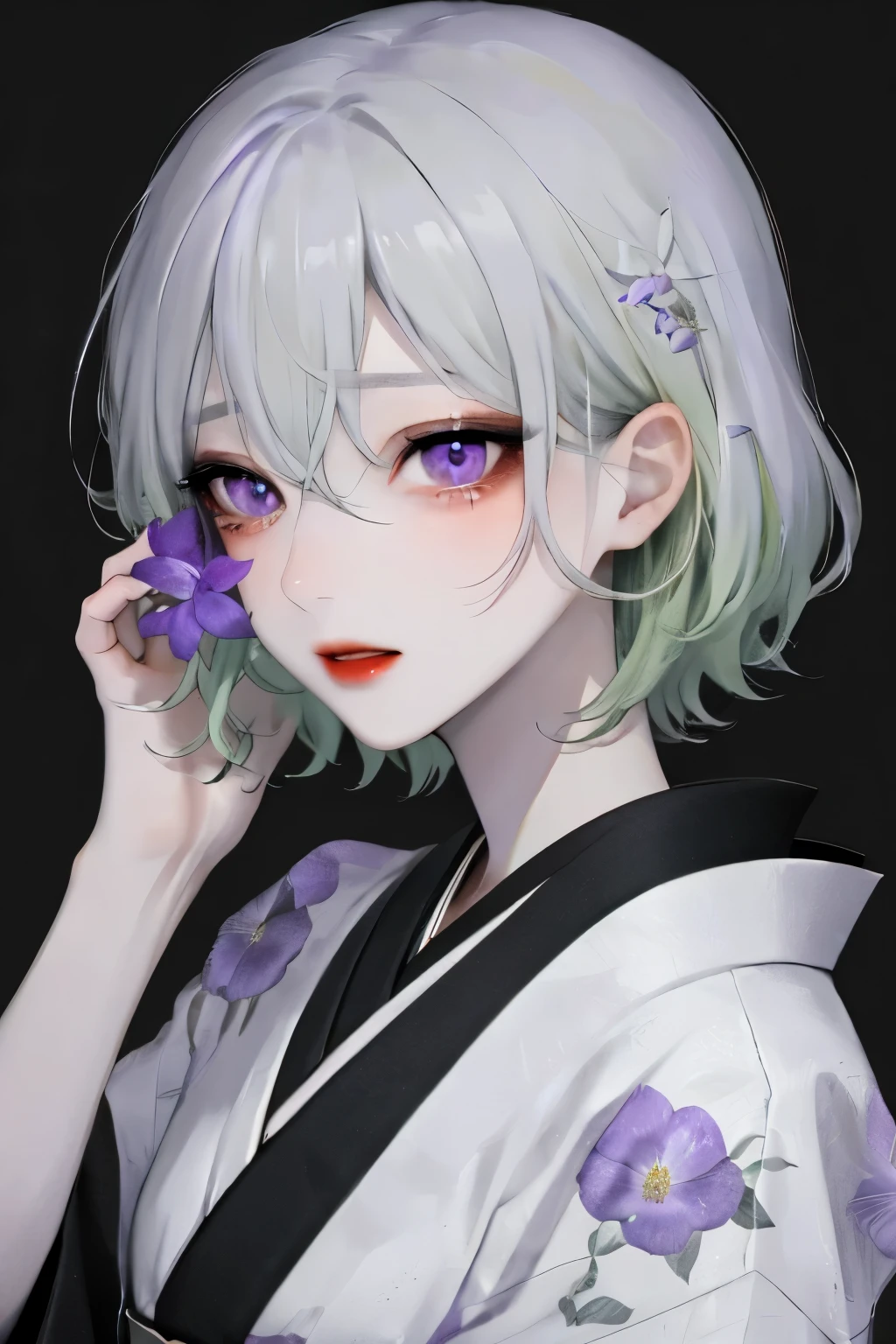 one girl,One,flower,short hair, light green hair、purple eyes,View Viewer,black nails,Black background,holding hair,lips parted,holding,bang,ヒヤシンス flower,upper body,Manicure,shirt,White hair,white shirt,hair between eyes,simple background,Gray nails,grey eyes,compensate,CT style,Beautiful eyes,kimono、Black and white image quality、bright red lips、whine、Tears、sad、beautiful fingers