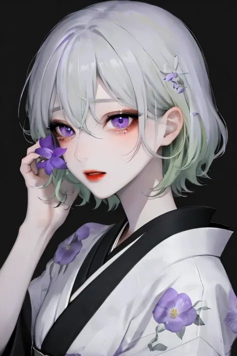 one girl,One,flower,short hair, light green hair、purple eyes,View Viewer,black nails,Black background,holding hair,lips parted,h...