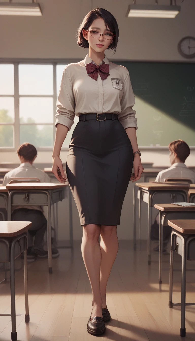 (Fraction_9, Fraction_8_Direction_7_up), detailed, realistic  professional woman looks，Standing，full-body shot，USA，Gentle, Glasses, teacher，In the classroom，HD，Clear character silhouettes