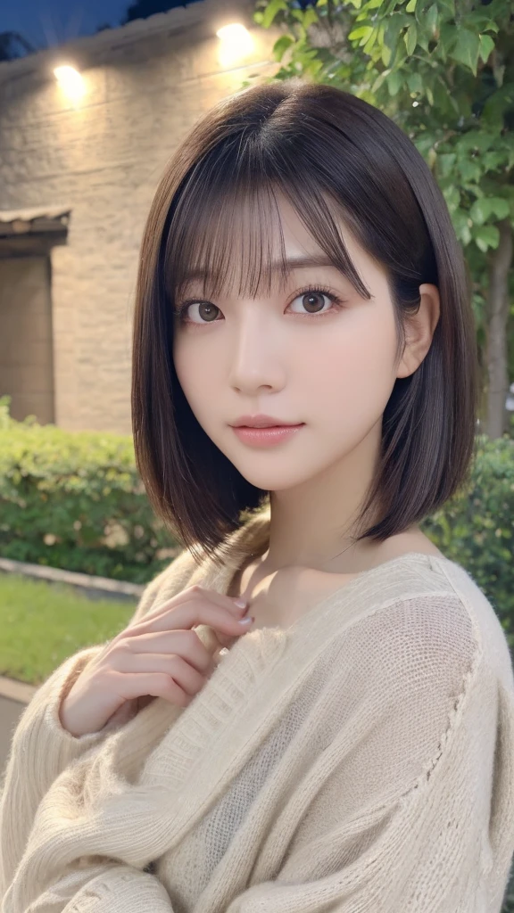 (Highest quality,masterpiece:1.3,Ultra-high resolution,),(Very detailed,Caustics),(Realistic:1.4,RAW shooting,)Ultra-Realistic Capture,Very detailed,High resolution 16K suitable for human skin、 Natural skin texture、、Skin tone is even and healthy looking、 Use natural light and color,One Woman,Japanese,,cute,Black-haired,Medium Hair,(Written boundary depth、chromatic aberration、、Wide range of lighting、Natural Shading、)、(Outdoor lighting at night:1.4)、(Hair swaying in the wind:1)、short hair、Outside in spring
