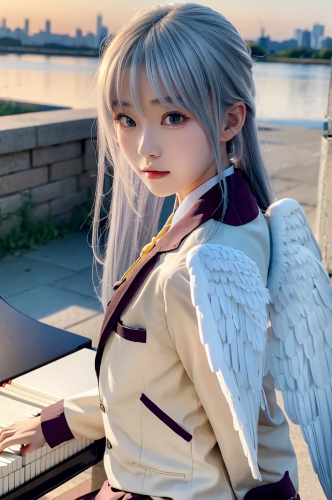 (Highest quality、4K、8K, masterpiece:1.3), Ultra detailed face, Detailed lips, Detailed eyes, double eyelid, 
BREAK, 
(extreme  close up:1.5), (from front:1.25),
BREAK,
1girl, 18 years old, short height, tachibana kanade, silver hair, short height, 
BREAK
(yellow eyes), white hair, long hair, bangs, hair pulled back,
BREAK,
looking at viewer, ((playing piano)),
photo background, photo inset, dusk, outdoors, spring, wind, falling petals, sunlight, skyline, 
BREAK
schooluniform, jacket, blazer, long sleeves, neck ribbon, gem, necklace, pleated skirt, kneehighs, loafers,
(((Angel wings spread wide on the back))),
