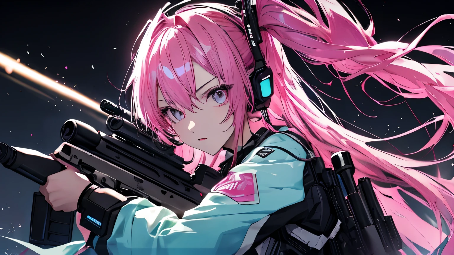 (masterpiece), Highest quality, Ultra-high resolution,hatsune miku, Vocaloid, beautiful, Detailed face, Pink Hair, Pink Eyes, Pink Art, colorful, bright, whole body、fight、strong、gun、(Confident expression:1.3)、battlefield、Armament、Cyberpunk Girl, (Gripping a high-tech rifle:1.3)、Stand up、Fantasy、cool、Glowing background、Illumination、whole body