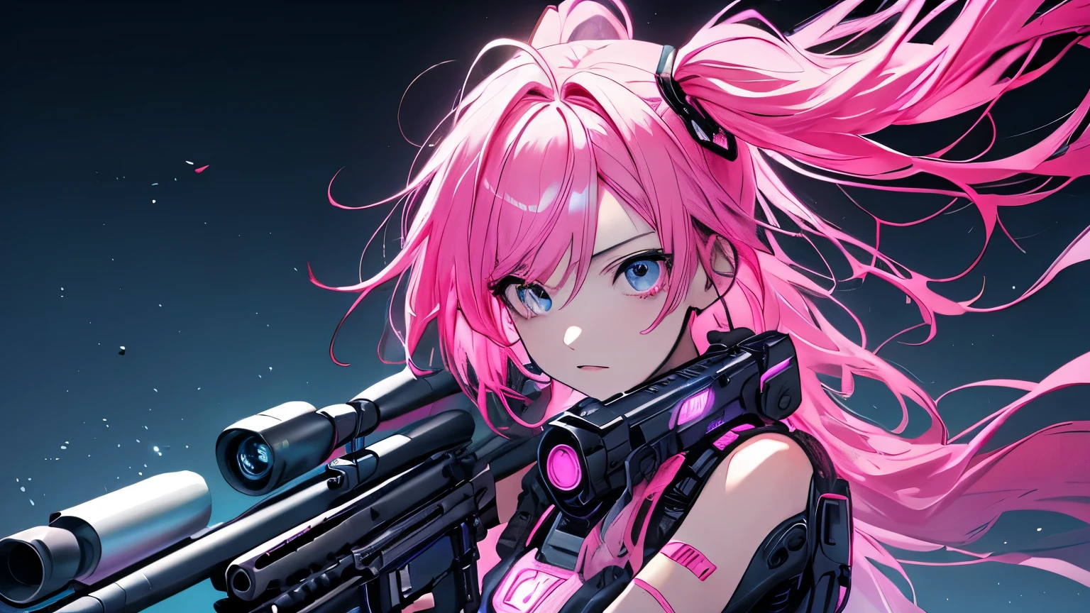 (masterpiece), Highest quality, Ultra-high resolution,hatsune miku, Vocaloid, beautiful, Detailed face, Pink Hair, Pink Eyes, Pink Art, colorful, bright, whole body、fight、strong、gun、(Confident expression:1.3)、battlefield、Armament、Cyberpunk Girl, (Gripping a high-tech rifle:1.3)、Stand up、Fantasy、cool、Glowing background、Illumination、whole body