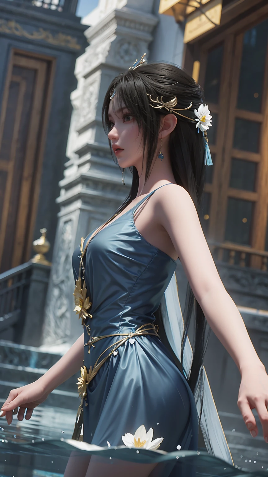 Arapei, wearing a blue and white dress, stands in the water, Anime girl walking on water, closeup fantasy with water magic, Azur route style, Popular on cgstation, Anime Girl Cosplay, Seraphina Ali KDA, Ink art animation , Popular on cgstation内容, realistic water, Water daffodil, WLOP 和 Sakimichan