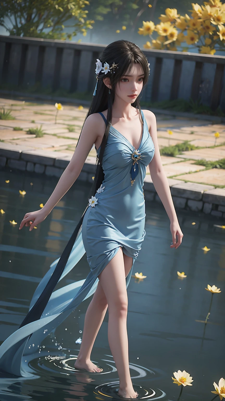 Arapei, wearing a blue and white dress, stands in the water, Anime girl walking on water, closeup fantasy with water magic, Azur route style, Popular on cgstation, Anime Girl Cosplay, Seraphina Ali KDA, Ink art animation , Popular on cgstation内容, realistic water, Water daffodil, WLOP 和 Sakimichan