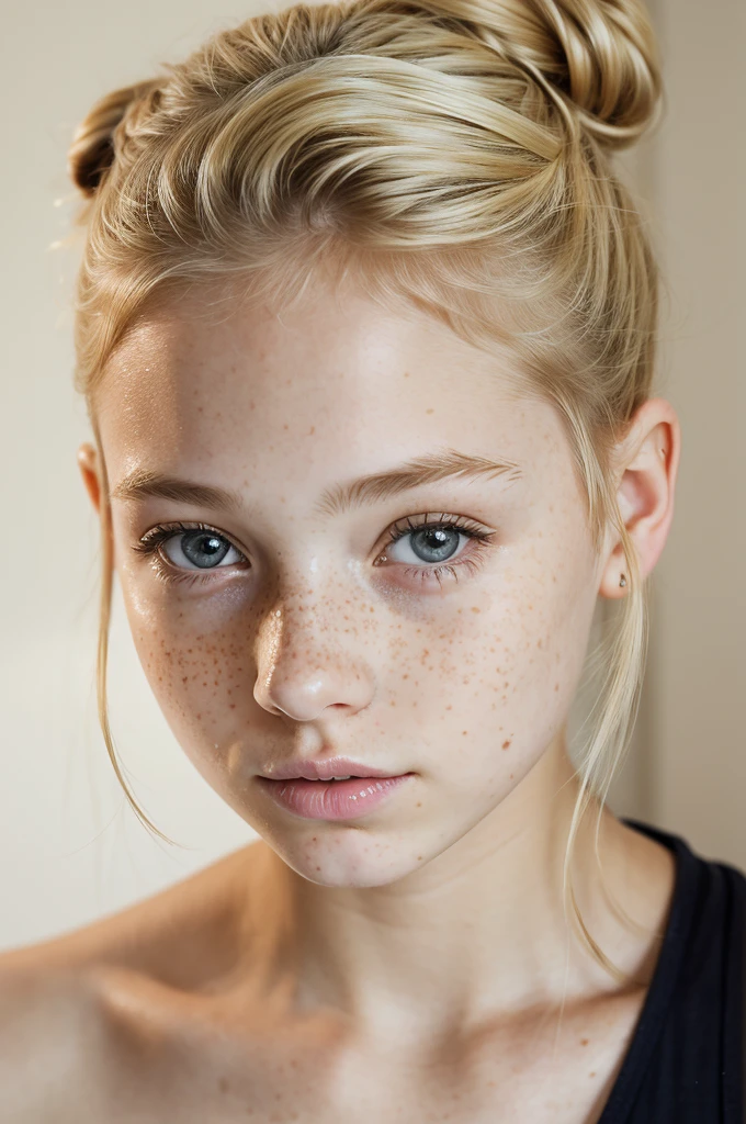 Portrait of tween girl, pale skin, blonde hair bun, freckles - SeaArt AI