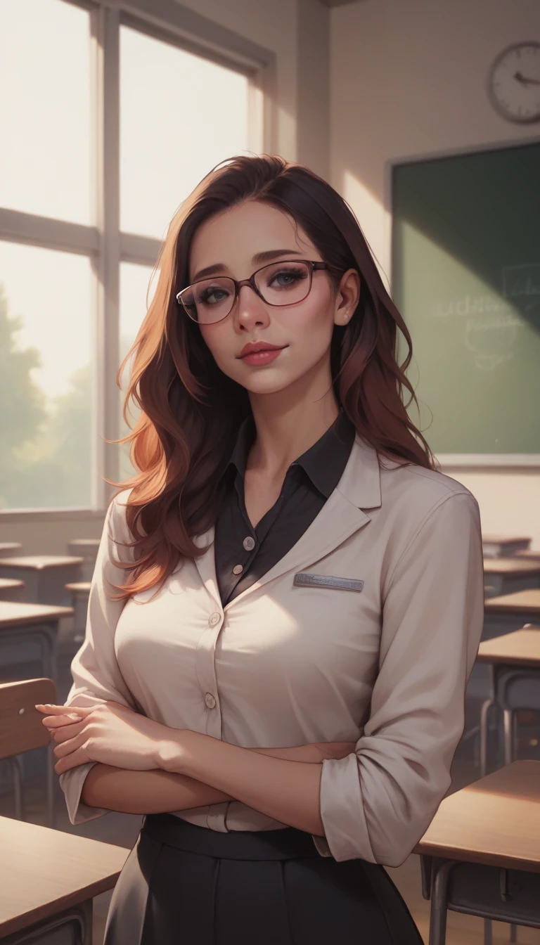 (Fraction_9, Fraction_8_Direction_7_up), detailed, realistic  professional woman looks，Standing，Half-length photo，American Girl，Long hair，Gentle, Glasses, teacher，In the classroom，HD，Clear character silhouettes，Clear facial details，