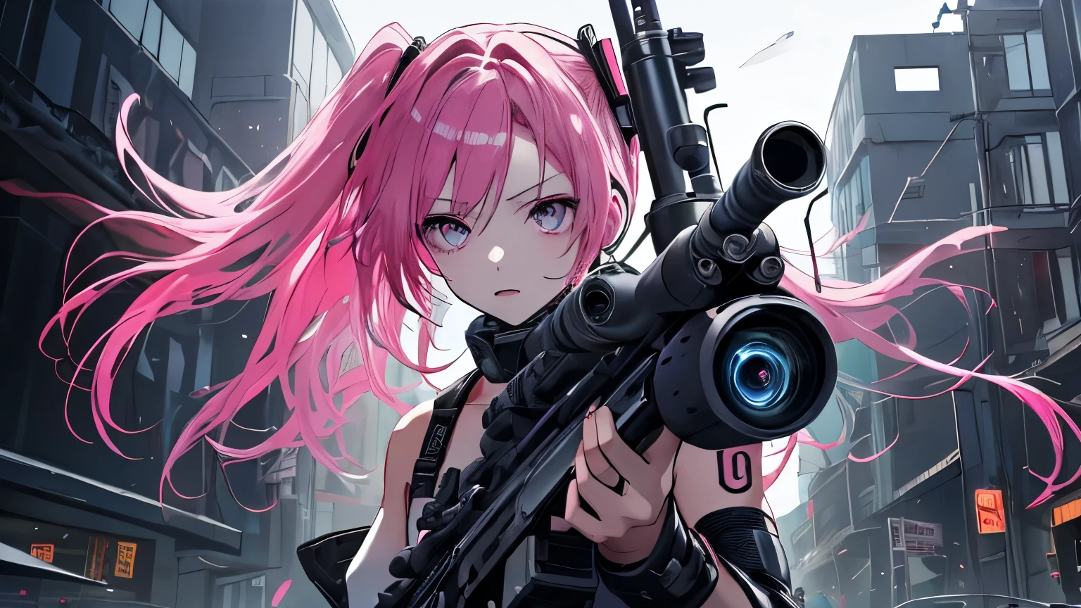 (masterpiece), Highest quality, Ultra-high resolution,hatsune miku, Vocaloid, beautiful, Detailed face, Pink Hair, Pink Eyes, Pink Art, colorful, bright, whole body、fight、strong、gun、(Confident expression:1.3)、battlefield、Armament、Cyberpunk Girl, (Gripping a high-tech rifle:1.3)、Stand up、Fantasy、cool、Glowing background、Illumination、whole body、(Background destroyed building:1.3),Fantasy