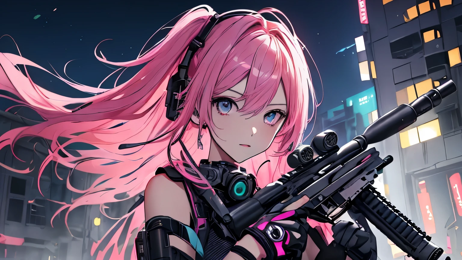 (masterpiece), Highest quality, Ultra-high resolution,hatsune miku, Vocaloid, beautiful, Detailed face, Pink Hair, Pink Eyes, Pink Art, colorful, bright, whole body、fight、strong、gun、(Confident expression:1.3)、battlefield、Armament、Cyberpunk Girl, (Gripping a high-tech rifle:1.3)、Stand up、Fantasy、cool、Glowing background、Illumination、whole body、(Background destroyed building:1.3),Fantasy