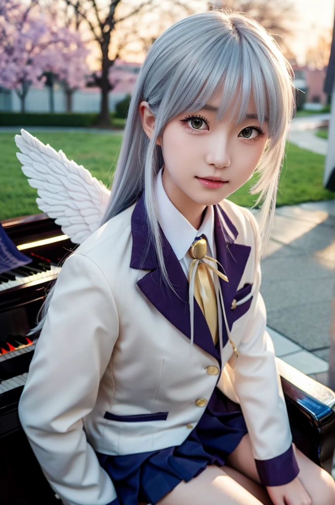 (Highest quality、4K、8K, masterpiece:1.3), Ultra detailed face, Detailed lips, Detailed eyes, double eyelid, 
BREAK, 
(extreme  close up:1.5), (from front:1.25),
BREAK,
1girl, 18 years old, short height, tachibana kanade, silver hair, short height, 
BREAK
(yellow eyes), white hair, long hair, bangs, hair pulled back,
BREAK,
looking at viewer, ((playing piano)),
photo background, photo inset, dusk, outdoors, spring, wind, falling petals, sunlight, skyline, 
BREAK
schooluniform, jacket, blazer, long sleeves, neck ribbon, gem, necklace, pleated skirt, kneehighs, loafers,
(((Angel wings spread wide on the back))),
