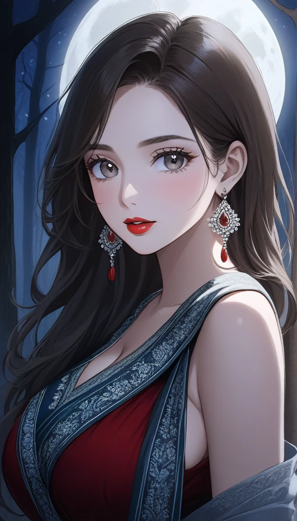 high quality, 8K Ultra HD, paintings with a Victoria Frances-like atmosphere, (holding Deepak), Detailed illustration of a fantastic beautiful woman, (beautiful face), (mature woman), perfect face, perfect eyes, perfect nose, perfect lips, paintings with a mysterious touch, outdoor background, (dark forest background), (night), full moon, awesome full color, little smile, (red lips), blush on face, (blush), ((silver eyes)), (((silver eyes))),((dark brown hair)), (((wearing a black and white saree))), ((red bindi between the eyebrows)), (((red bindi))), cinematic blue tone, cinematic colour grading ,long earrings,big breasts 