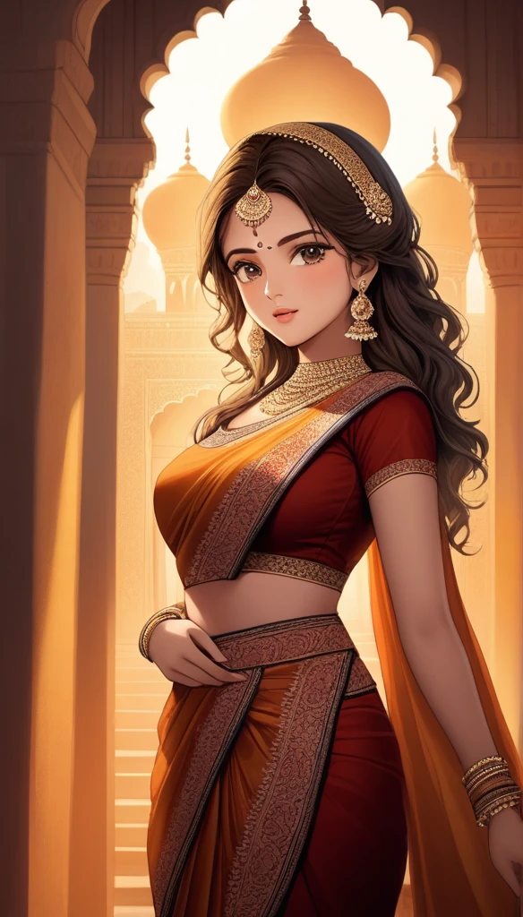 (best quality,highres,realistic:1.37)india's most beautiful lady,digital art wonders,princesscore,realistic historical fiction,charming detailed eyes and lips,fierce expression,historical attire,richly embroidered clothing,gold jewelry,dark wavy hair cascading down her back,flowing colorful silk saree,ornate palace in the background,historical architecture,detailed hand gestures,light amber candlelight,soft shadows and highlights,delicate facial features,meticulous attention to detail,subtle nuances of emotion,depth and richness in colors,expressive eyes that convey a sense of longing and strength,royal elegance and regal pose,graceful and confident stance,traditional henna patterns on her hands and feet,dusky complexion that glows in the warm light,realism with a touch of fantasy,impressive artistry,digital brushstrokes,soft and dreamlike ambiance,ethereal beauty,rich cultural heritage,indian art and folklore blended with contemporary digital techniques,masterpiece painting,pristine skin complexion,gorgeous traditional makeup,ornamental hair accessories,vibrant colors with a touch of darkness,dark white and light amber color palette,evocative and captivating art that tells a story,attention to historical accuracy while adding a touch of imagination,detailed background with architectural elements and intricate designs,deep emotional connection with the viewer.,bug breasts 