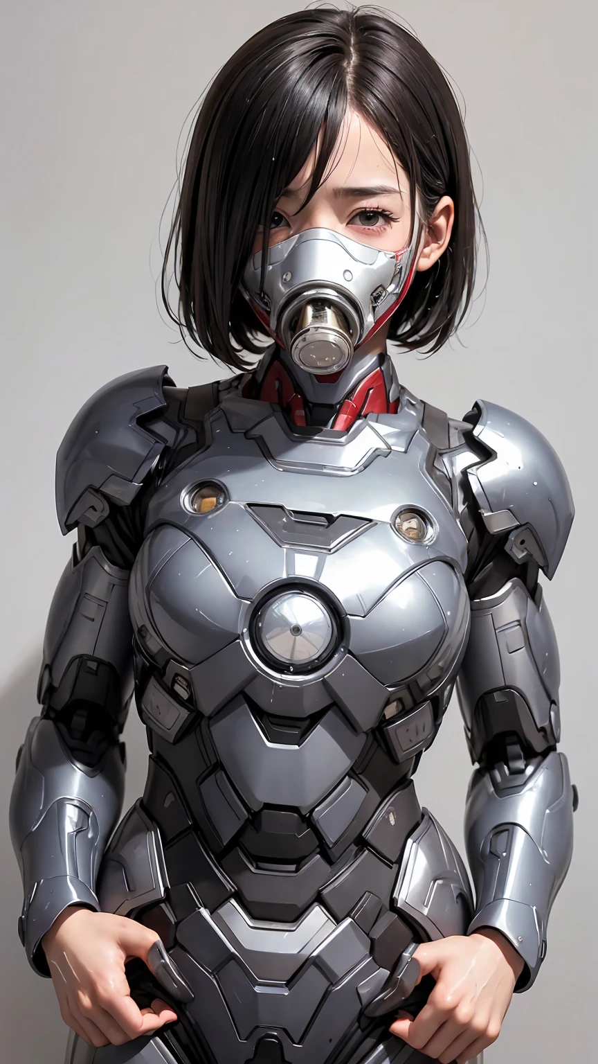 Highest quality　8k Iron Man Suit Girl　Kindergarten girl　Sweaty face　cute　short hair　boyish　Steam coming from the head　My hair is wet with sweat　Black hair feel　Full body portrait　My upper body is soaked　close your eyes　bare hands　Close-fitting full-face gas mask