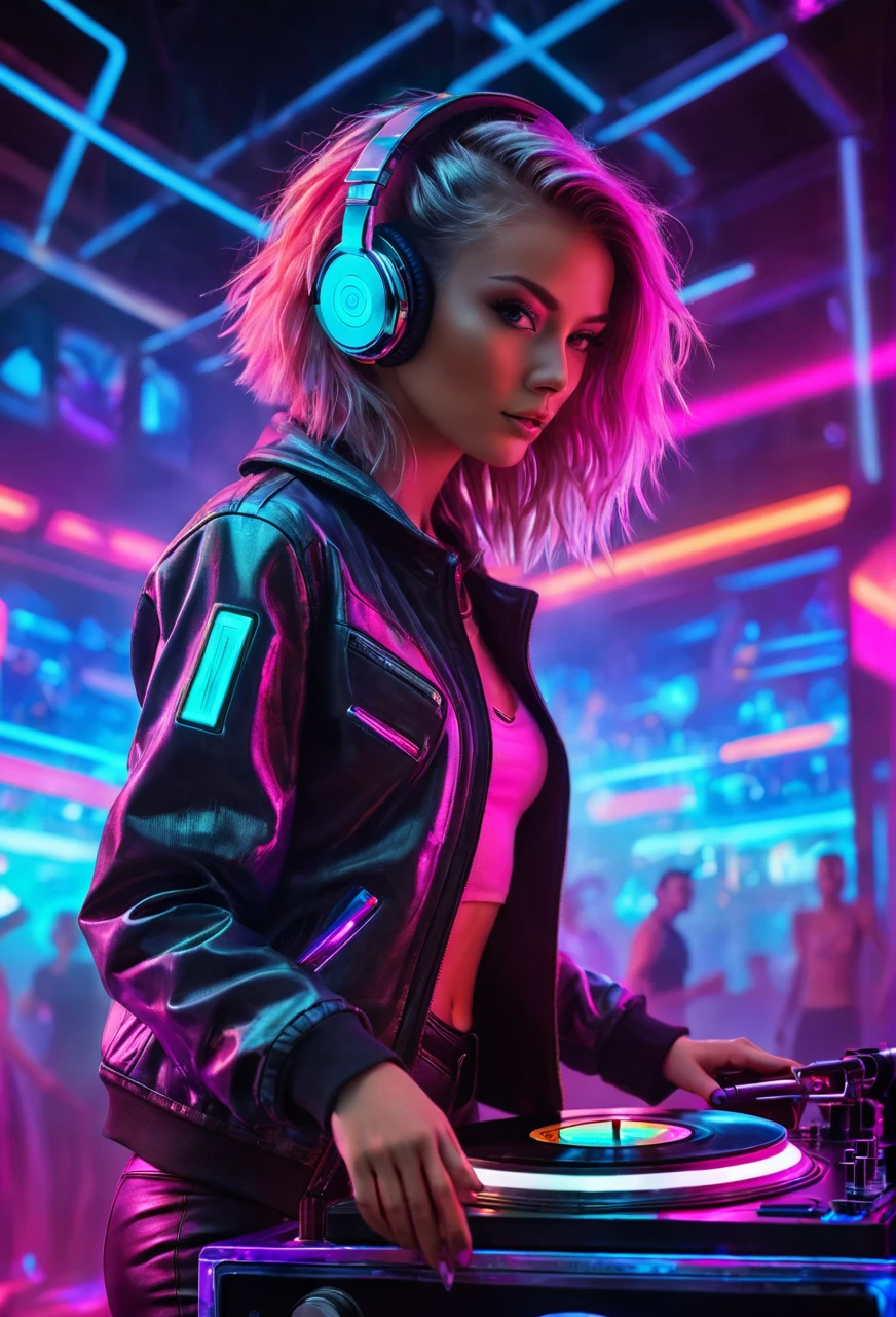 xsgb,肖像,1 名女孩,全身照,动态的,(网络DJ),(在未来俱乐部中混合音乐:1.2),(发光的霓虹灯:1.1),Dynamic 肖像 of a cybernetic DJ mixing music in a futuristic club with bright neon lights,(全息记录播放器),(背景中人群起舞),(能源氛围:1.3),捕捉未来夜生活的活力.,