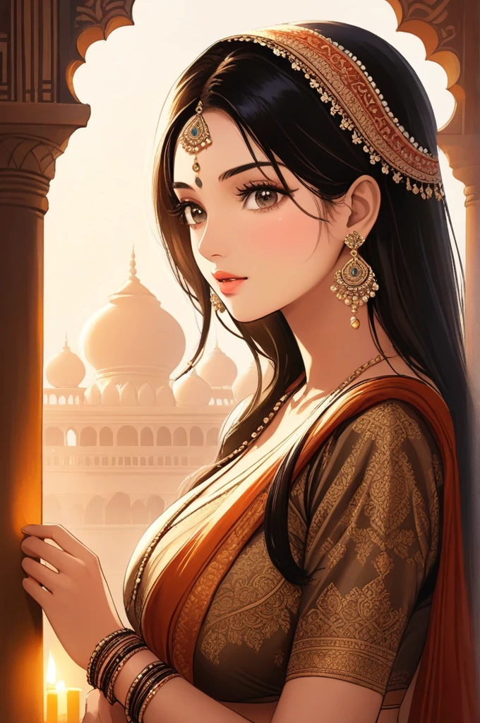 (best quality,highres,realistic:1.37)india's most beautiful lady,digital art wonders,princesscore,realistic historical fiction,charming detailed eyes and lips,fierce expression,historical attire,richly embroidered clothing,gold jewelry,dark wavy hair cascading down her back,flowing colorful silk saree,ornate palace in the background,historical architecture,detailed hand gestures,light amber candlelight,soft shadows and highlights,delicate facial features,meticulous attention to detail,subtle nuances of emotion,depth and richness in colors,expressive eyes that convey a sense of longing and strength,royal elegance and regal pose,graceful and confident stance,traditional henna patterns on her hands and feet,dusky complexion that glows in the warm light,realism with a touch of fantasy,impressive artistry,digital brushstrokes,soft and dreamlike ambiance,ethereal beauty,rich cultural heritage,indian art and folklore blended with contemporary digital techniques,masterpiece painting,pristine skin complexion,gorgeous traditional makeup,ornamental hair accessories,vibrant colors with a touch of darkness,dark white and light amber color palette,evocative and captivating art that tells a story,attention to historical accuracy while adding a touch of imagination,detailed background with architectural elements and intricate designs,deep emotional connection with the viewer.,big breasts, earrings 