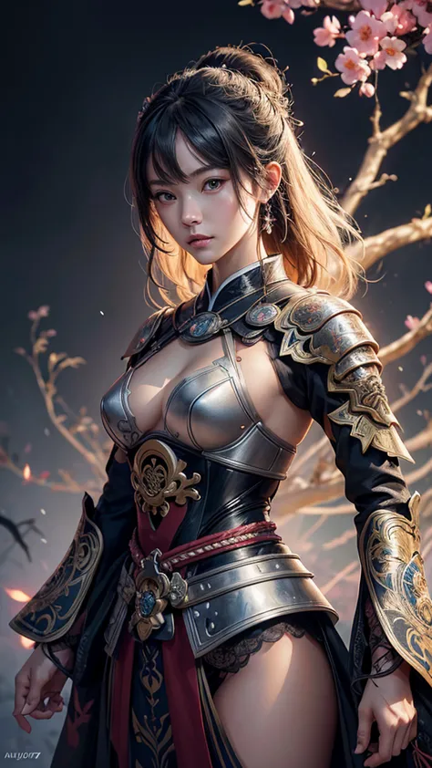 Girl in full samurai Armor, highly detailed, intricate motifs, organic tracery, perfect composition, digital painting, artstatio...