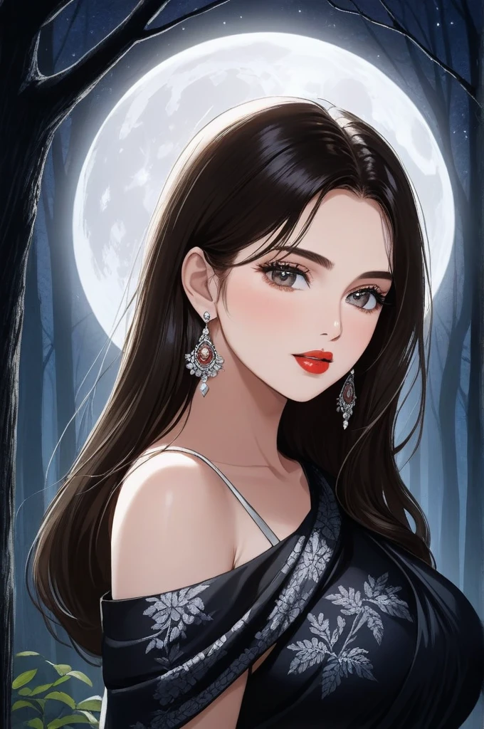 high quality, 8K Ultra HD, paintings with a Victoria Frances-like atmosphere, (holding Deepak), Detailed illustration of a fantastic beautiful woman, (beautiful face), (mature woman), perfect face, perfect eyes, perfect nose, perfect lips, paintings with a mysterious touch, outdoor background, (dark forest background), (night), full moon, awesome full color, little smile, (red lips), blush on face, (blush), ((silver eyes)), (((silver eyes))),((dark brown hair)), (((wearing a black and white saree))), ((red bindi between the eyebrows)), (((red bindi))), cinematic blue tone, cinematic colour grading ,long earrings,big breasts 