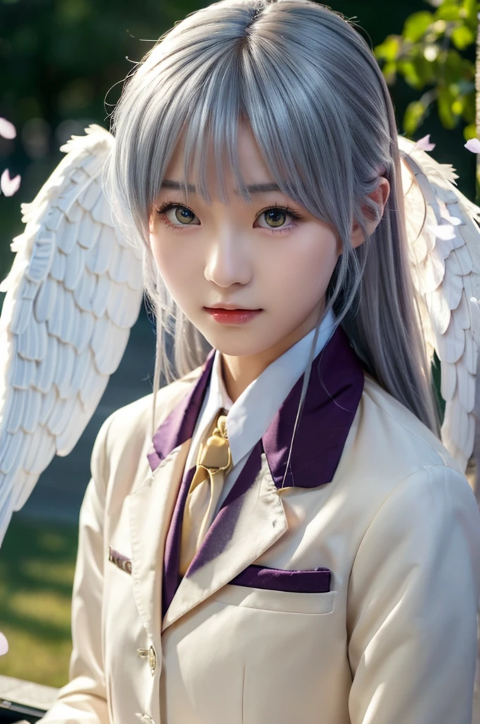 (Highest quality、4K、8K, masterpiece:1.3), Ultra detailed face, Detailed lips, Detailed eyes, double eyelid, 
BREAK, 
(extreme  close up:1.75), (from front:1.25),
BREAK,
1girl, 18 years old, short height, tachibana kanade, silver hair, short height, 
BREAK
(yellow eyes), white hair, long hair, bangs, hair pulled back,
BREAK,
looking at viewer, ((playing piano)),
photo background, photo inset, dusk, outdoors, spring, wind, falling petals, sunlight, skyline, 
BREAK
schooluniform, jacket, blazer, long sleeves, neck ribbon, gem, necklace, pleated skirt, kneehighs, loafers,
(((Angel wings spread wide on the back))),
