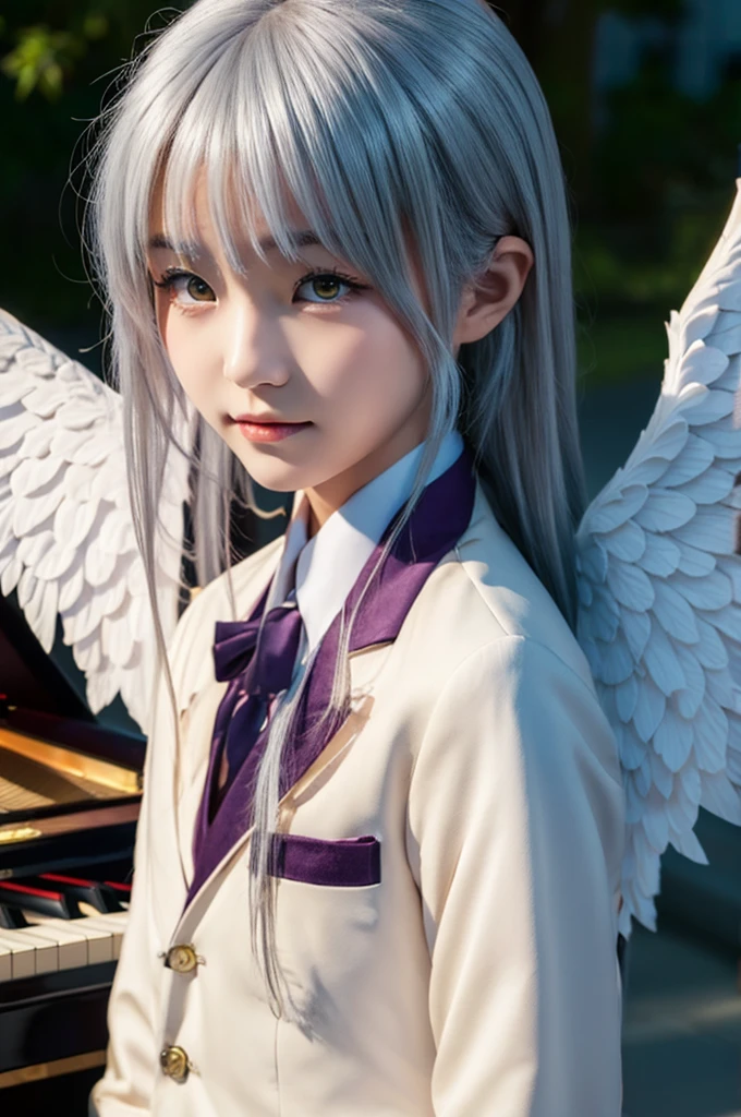 (Highest quality、4K、8K, masterpiece:1.3), Ultra detailed face, Detailed lips, Detailed eyes, double eyelid, 
BREAK, 
(extreme  close up:1.75), (from front:1.25),
BREAK,
1girl, 18 years old, short height, tachibana kanade, silver hair, short height, 
BREAK
(yellow eyes), white hair, long hair, bangs, hair pulled back,
BREAK,
looking at viewer, ((playing piano)),
photo background, photo inset, dusk, outdoors, spring, wind, falling petals, sunlight, skyline, 
BREAK
schooluniform, jacket, blazer, long sleeves, neck ribbon, gem, necklace, pleated skirt, kneehighs, loafers,
(((Angel wings spread wide on the back))),
