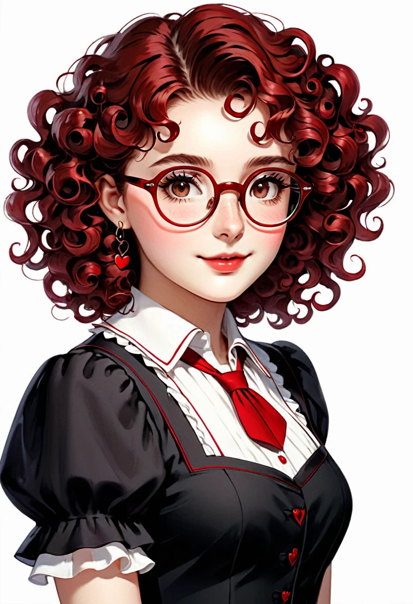 8K, ultra hd, masterpiece, (detailed), 1girl, (good face:1.4), hairstyle (color: red, length: short, curly with flowing small ringlets), face (heart-shaped, pale, dark brown eyes), glasses (wears thick-rimmed, old-fashioned glasses), background is white