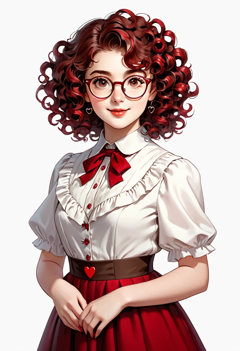 8K, ultra hd, masterpiece, (detailed), 1girl, (good face:1.4), hairstyle (color: red, length: short, curly with flowing small ringlets), face (heart-shaped, pale, dark brown eyes), glasses (wears thick-rimmed, old-fashioned glasses), background is white