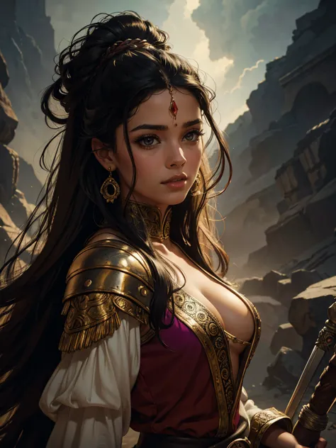 a young woman from the early 18th century based on Janhvi Kapoor, dungeons and Dragons 5th edition fantasy illustration, highly ...