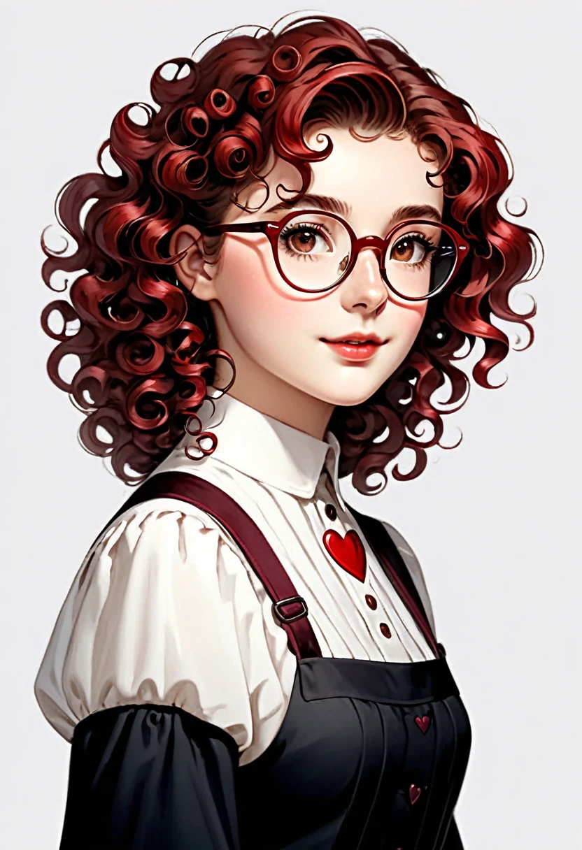 8K, ultra hd, masterpiece, (detailed), 1girl, (good face:1.4), hairstyle (color: red, length: short, curly with flowing small ringlets), face (heart-shaped, pale, dark brown eyes), glasses (wears thick-rimmed, old-fashioned glasses), background is white, just drawn face