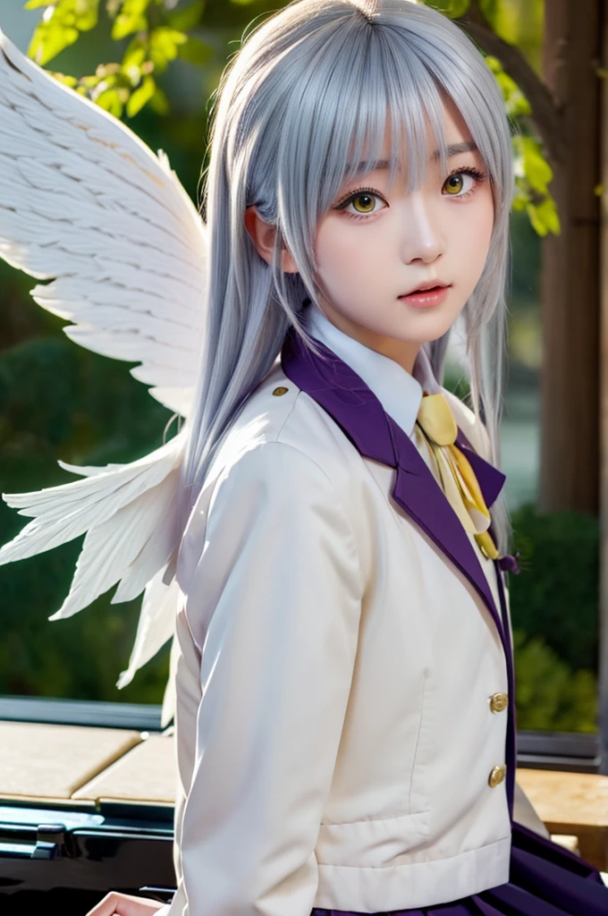 (Highest quality、4K、8K, masterpiece:1.3), Ultra detailed face, Detailed lips, Detailed eyes, double eyelid, 
BREAK, 
(extreme  close up:1.5), (from frontside:1.25),
BREAK,
1girl, 18 years old, short height, tachibana kanade, silver hair, short height, 
BREAK
(yellow eyes), white hair, long hair, bangs, hair pulled back,
BREAK,
looking at viewer, ((playing piano)),
photo background, photo inset, dusk, outdoors, spring, wind, falling petals, sunlight, skyline, 
BREAK
schooluniform, jacket, blazer, long sleeves, neck ribbon, gem, necklace, pleated skirt, kneehighs, loafers,
(((Angel wings spread wide on the back))),
