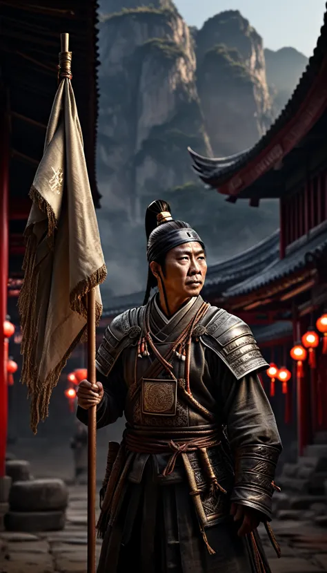 A general in an ancient Chinese camp issuing an order to raise the white flag, background dark, hyper realistic, ultra detailed ...