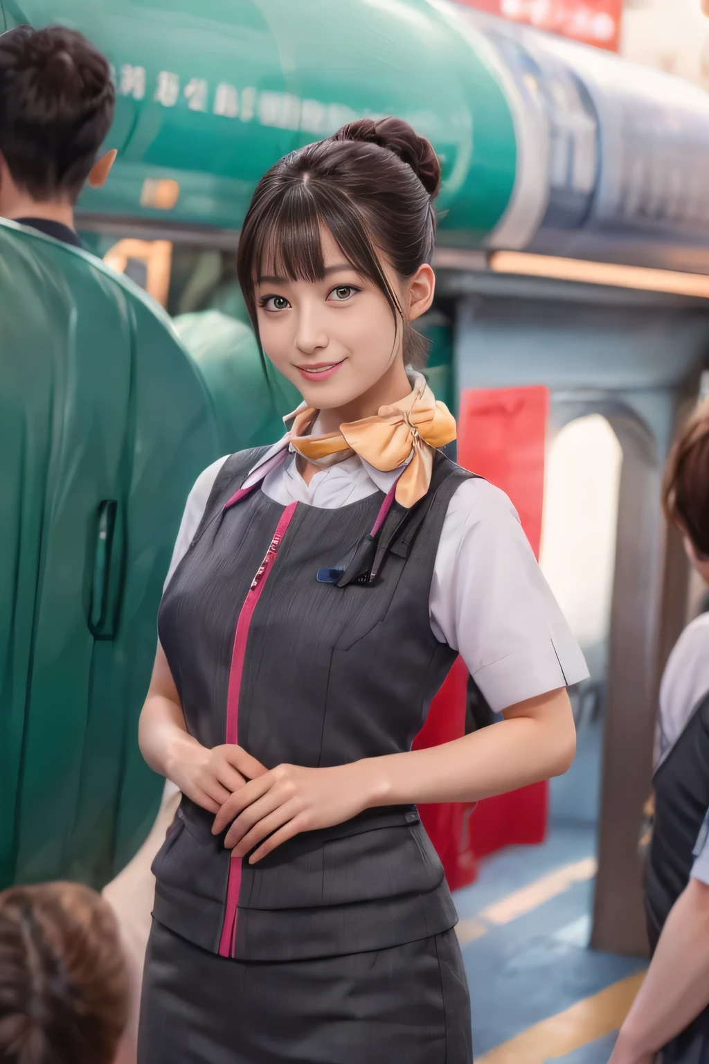 (masterpiece:1.2, Highest quality:1.2), 32k HDR, High resolution, (alone、One girl)、（At the station platform、Professional Lighting）、Empty train station platform background、（Realistic style of JR Gran Class crew uniform）、Short sleeve blouse、a scarf around the neck、（JR Gran Class flight attendant uniform with pink parts on the skirt sleeves）、（The uniform of a flight attendant in JR Gran Class has a pink line on the front zipper of the vest.）、Dark brown hair、（Chignon、Hair tied up）、Dark brown hair、Long Shot、Big Breasts、（（Great hands：2.0）），（（Harmonious body proportions：1.5）），（（Normal limbs：2.0）），（（Normal finger：2.0）），（（Delicate eyes：2.0）），（（Normal eyes：2.0））)、Big Breasts、Luxury Necklace、smile、Beautiful standing posture,Place your hands around your stomach