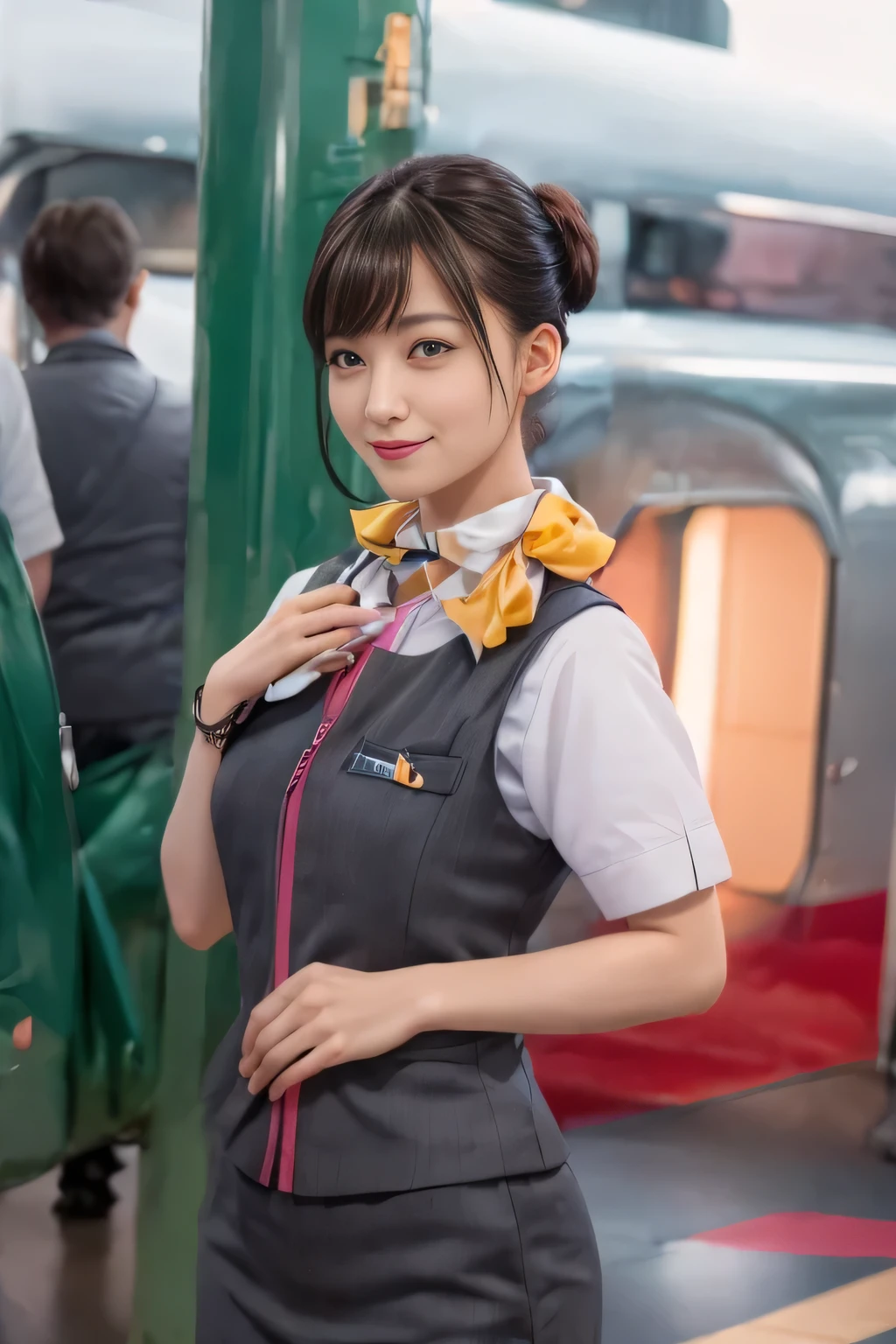 (masterpiece:1.2, Highest quality:1.2), 32k HDR, High resolution, (alone、One girl)、（At the station platform、Professional Lighting）、Empty train station platform background、（Realistic style of JR Gran Class crew uniform）、Short sleeve blouse、a scarf around the neck、（JR Gran Class flight attendant uniform with pink parts on the skirt sleeves）、（The uniform of a flight attendant in JR Gran Class has a pink line on the front zipper of the vest.）、Dark brown hair、（Chignon、Hair tied up）、Dark brown hair、Long Shot、Big Breasts、（（Great hands：2.0）），（（Harmonious body proportions：1.5）），（（Normal limbs：2.0）），（（Normal finger：2.0）），（（Delicate eyes：2.0）），（（Normal eyes：2.0））)、Big Breasts、Luxury Necklace、smile、Beautiful standing posture,Place your hands around your stomach