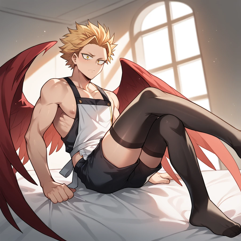 only, boy blonde hair slicked back, with some front locks, gold eyes, red wings on his back, delicate, With curves, clothing dark sleeveless shirt, white kitchen apron, shorts crema, long dark thigh high stockings, sitting on a bed, Boku no hero academia, Hawks 