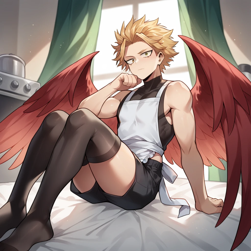 only, boy blonde hair slicked back, with some front locks, gold eyes, red wings on his back, delicate, With curves, clothing dark sleeveless shirt, white kitchen apron, shorts crema, long dark thigh high stockings, sitting on a bed, Boku no hero academia, Hawks 