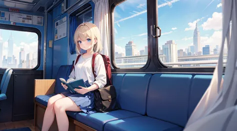 a young girl sits alone on a blue train, gripping a white book. the train's interior is bathed in a cool blue hue, with light wo...