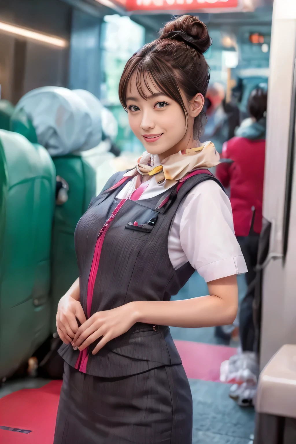 (masterpiece:1.2, Highest quality:1.2), 32k HDR, High resolution, (alone、One girl)、（At the station platform、Professional Lighting）、Empty train station platform background、（Realistic style of JR Gran Class crew uniform）、Short sleeve blouse、a scarf around the neck、（JR Gran Class flight attendant uniform with pink parts on the skirt sleeves）、（The uniform of a flight attendant in JR Gran Class has a pink line on the front zipper of the vest.）、Dark brown hair、（Chignon、Hair tied up）、Dark brown hair、Long Shot、Big Breasts、（（Great hands：2.0）），（（Harmonious body proportions：1.5）），（（Normal limbs：2.0）），（（Normal finger：2.0）），（（Delicate eyes：2.0）），（（Normal eyes：2.0））)、Big Breasts、Luxury Necklace、smile、Beautiful standing posture,Place your hands around your stomach