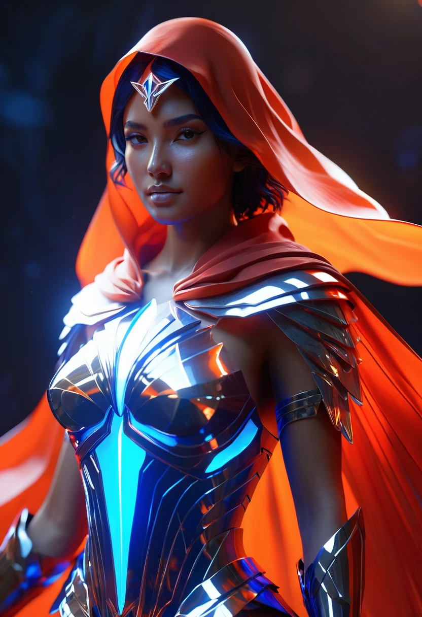 Atlantean warriors, Hedra, emerges as a luminary angel of beauty with a translucent red-white face and blue-orange cape, octane render, unreal engine 5, dark theme,  octane, high contrast, by Ross Tran --ar 2:3 --no face