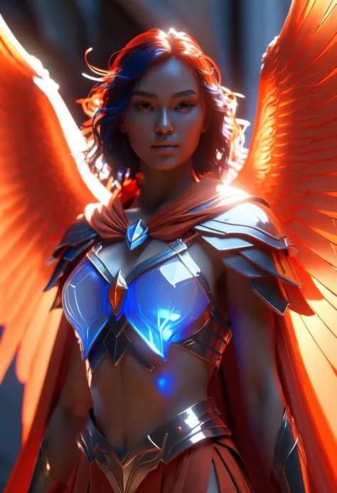 Atlantean warriors, Hedra, emerges as a luminary angel of beauty with a translucent red-white face and blue-orange cape, octane ...