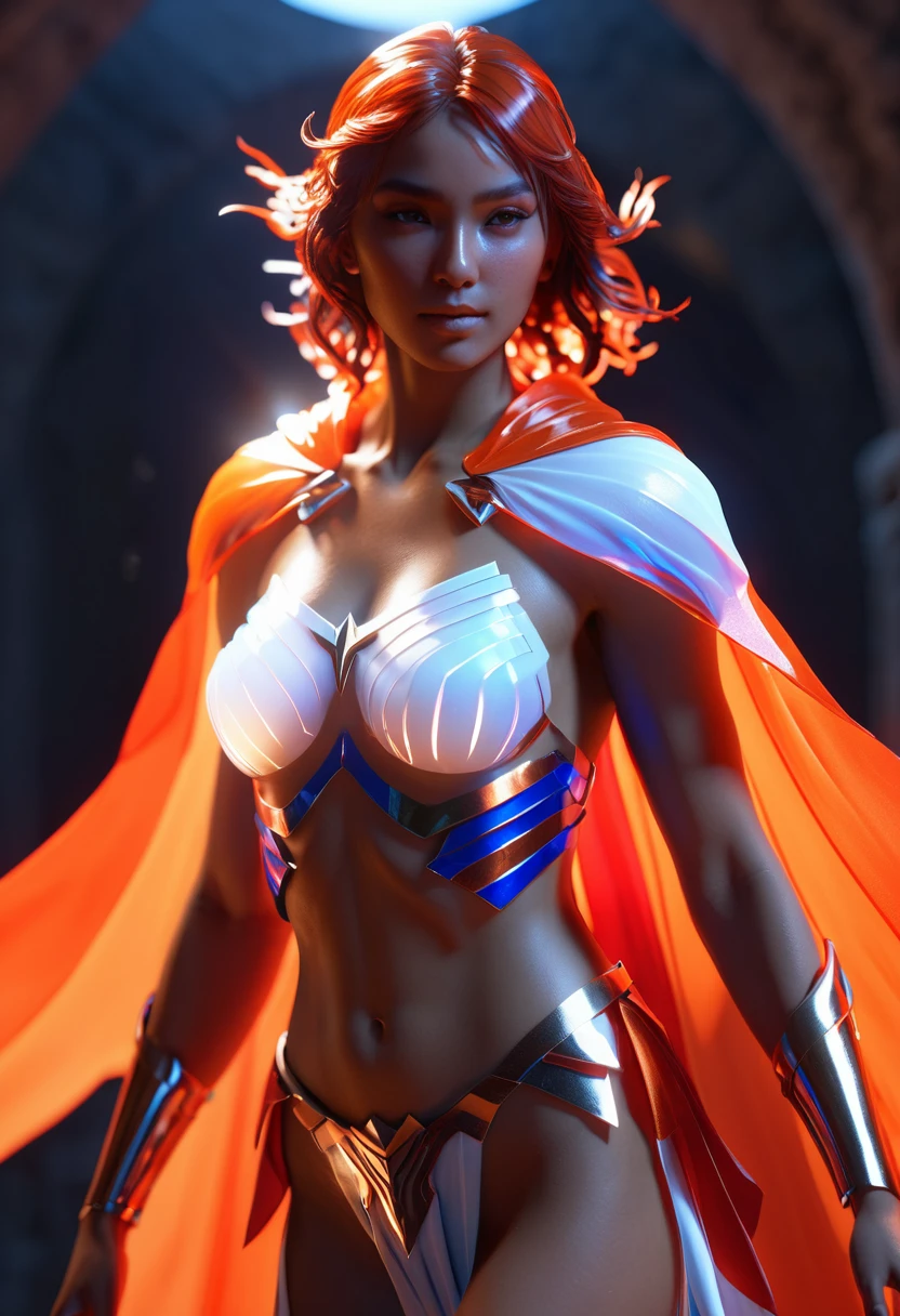 Guerriers atlantes, Honneur, apparaît comme un ange de beauté avec un visage rouge-blanc translucide et une cape bleu-orange, rendu d&#39;octane, moteur irréel 5, Thème sombre,  octane, contraste élevé, par Ross Tran --ar 2:3 --pas de visage