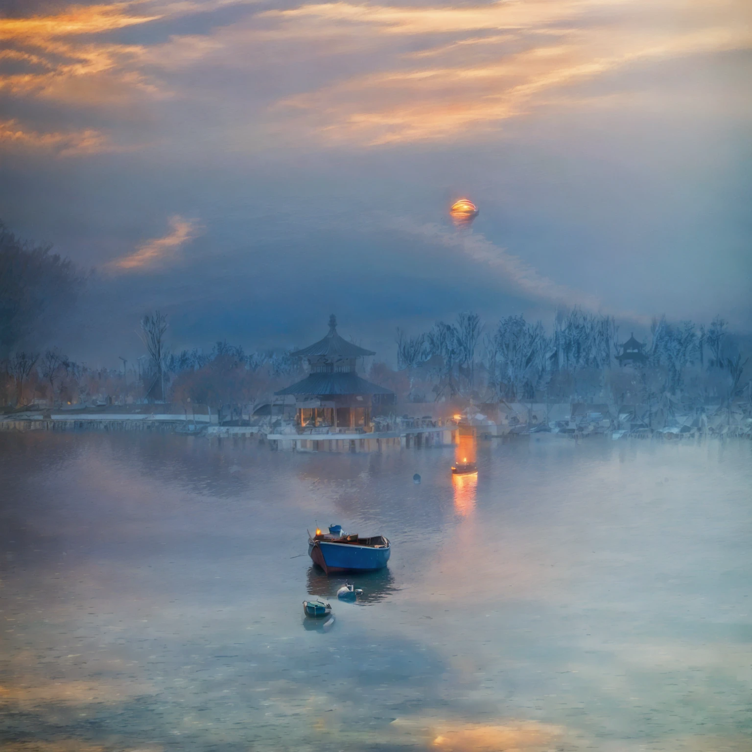 Long exposure photography，Award-winning photography，Practical，In waters with boats，Sunset, ，stunning lighting, Abstract， Claude Monet，Abstract，photography，high quality，blue，orange，Sunset，Beautiful scenery，photo，photoPractical，RAW，International Gold Award，National Geographic，A pond of blooming lotus