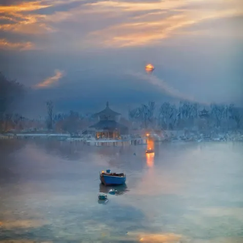 long exposure photography，award-winning photography，practical，in waters with boats，sunset, ，stunning lighting, abstract， claude ...