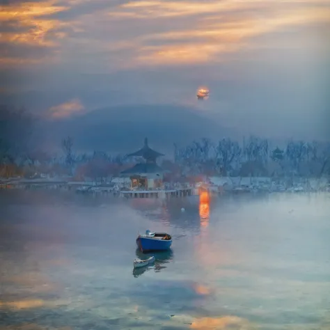 long exposure photography，award-winning photography，practical，in waters with boats，sunset, ，stunning lighting, abstract， claude ...