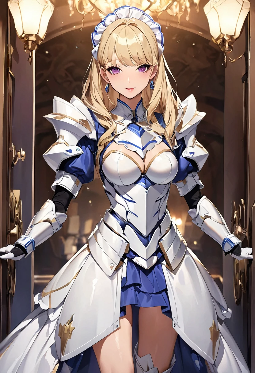 masterpiece、Highest quality、Ultra-high resolution、Maximum resolution、Very detailed、Professional Lighting、anime、Adult female、thin、so beautiful、Beautiful Face、Maid Skirt、((Blue and white armor))、Shiny Armor、Holding a bow、Gold earrings、blonde、Purple eyes、Pink Lips、In front of the entrance、Long Shot