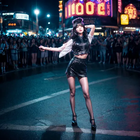 a photograph of the bustling streets of yaowarat taken by a 800mm lens of the sony a90, featuring a girl who looks like lisa, wi...